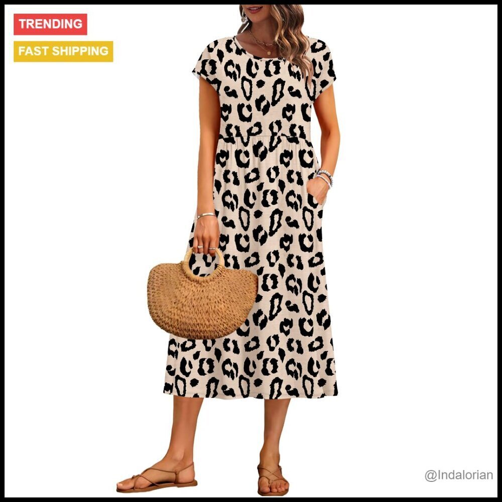 Summer Midi Dress Loose Fit Short Sleeve A-Line Casual Chic with Pockets